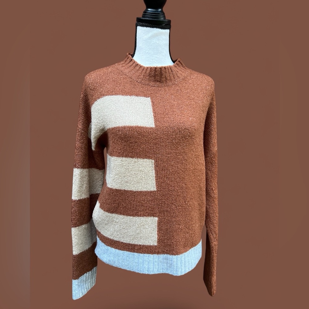 Hem & Thread Brown and Cream Crew Neck Sweater, Women’s Small